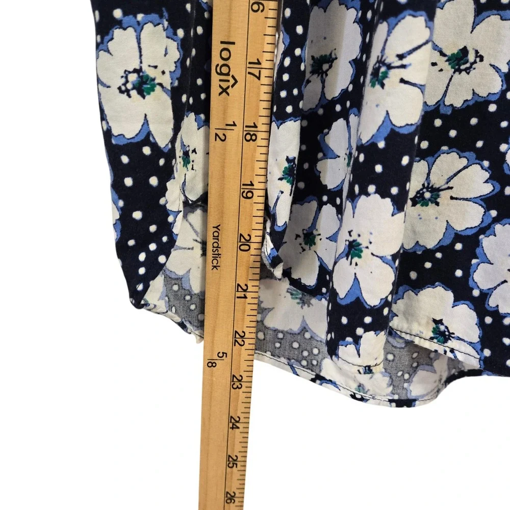LOFT Petites‎ Navy Blue Floral Polka Dot Henley Puff Sleeve Blouse XSP RN140923
